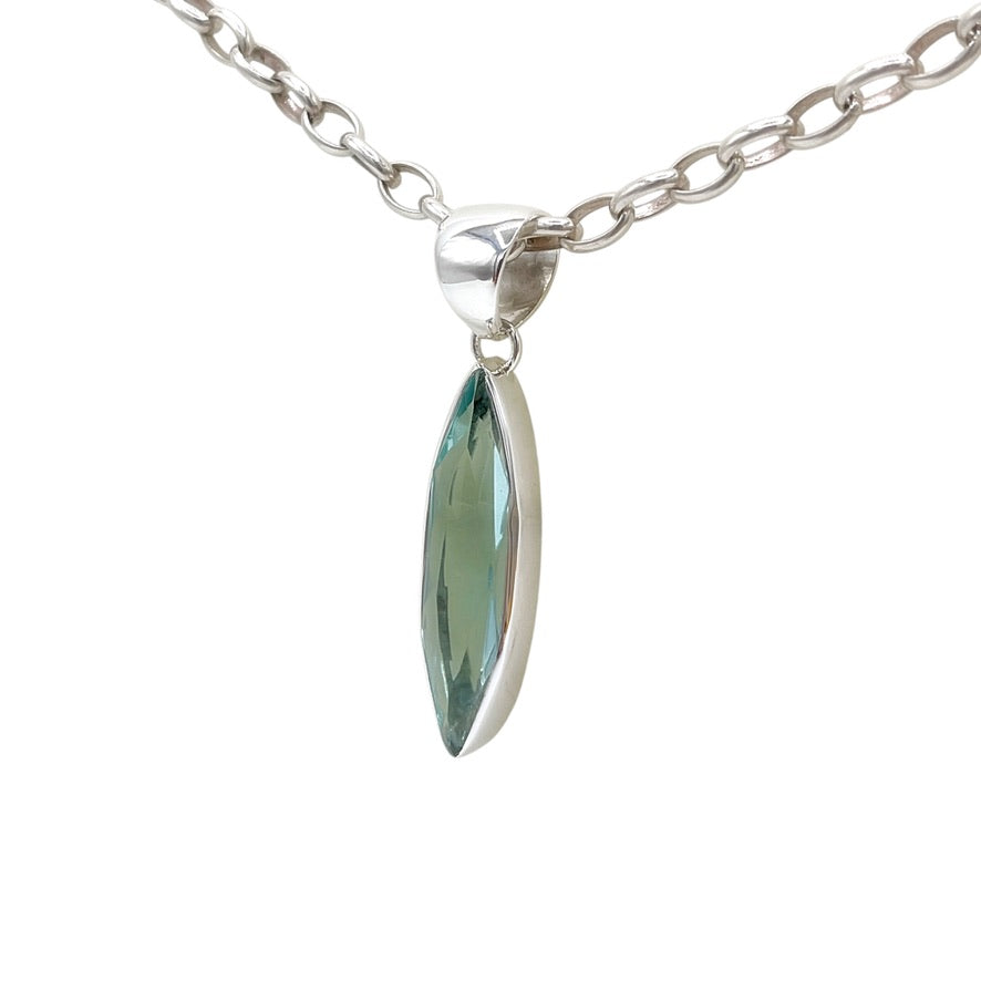 Sea Blue Volcanic Glass Navette Pendant – 925 Sterling Silver – 1 × 4 cm