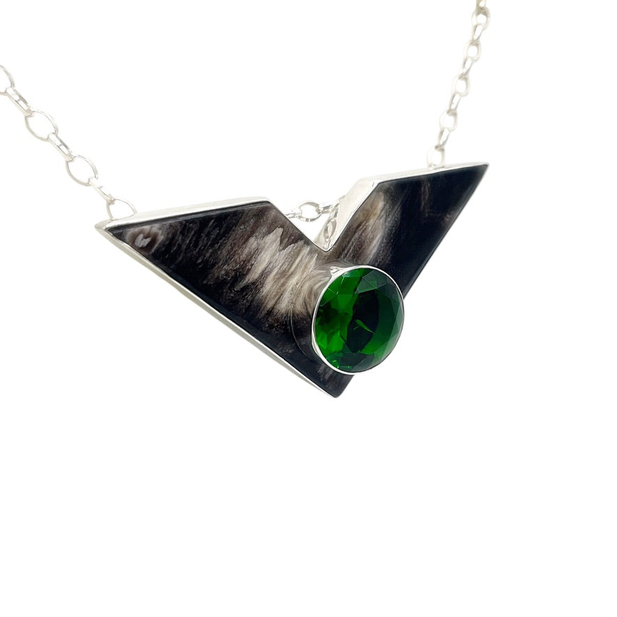 Buffalo Horn & Emerald Green Volcanic Glass Pendant in 925 Sterling Silver