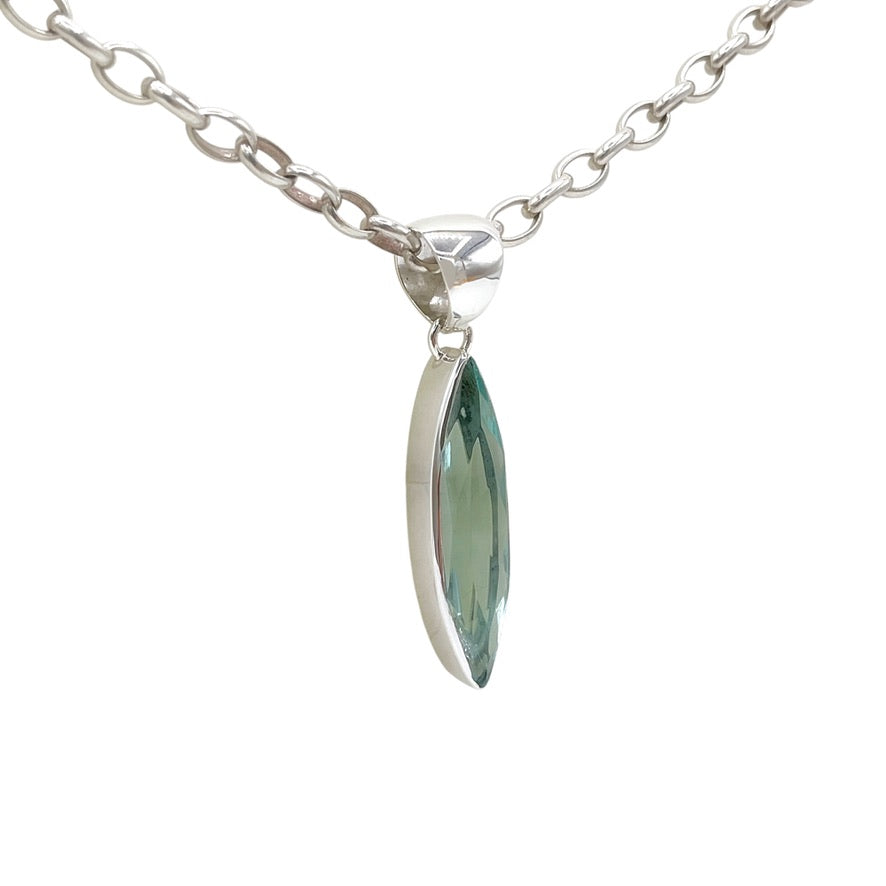 Sea Blue Volcanic Glass Navette Pendant – 925 Sterling Silver – 1 × 4 cm