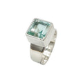 Sea blue hand-cut volcanic glass square ring in 925 sterling silver with adjustable band