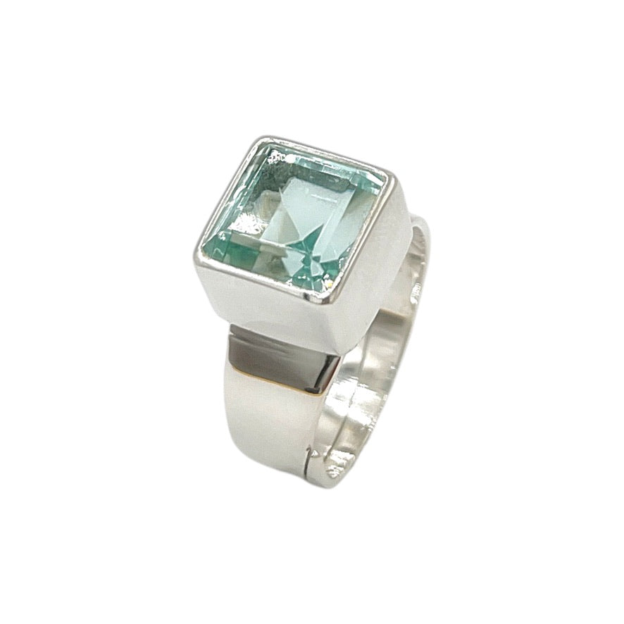 Sea blue hand-cut volcanic glass square ring in 925 sterling silver with adjustable band