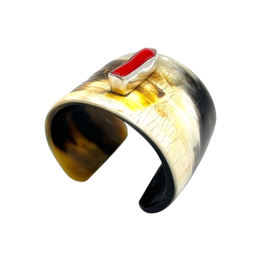 Buffalo Horn Cuff Bracelet with Branch Coral & Sterling Silver