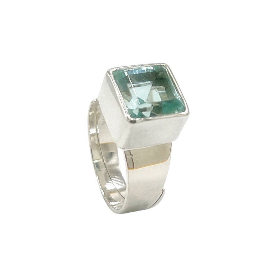 Sea Blue Volcanic Glass Square Ring – 925 Sterling Silver – Adjustable - 1 x 1 cm