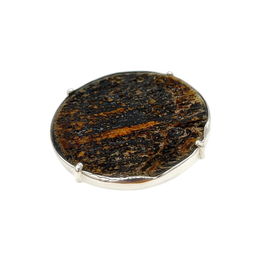 Round natural buffalo horn statement ring with dark brown and amber organic texture