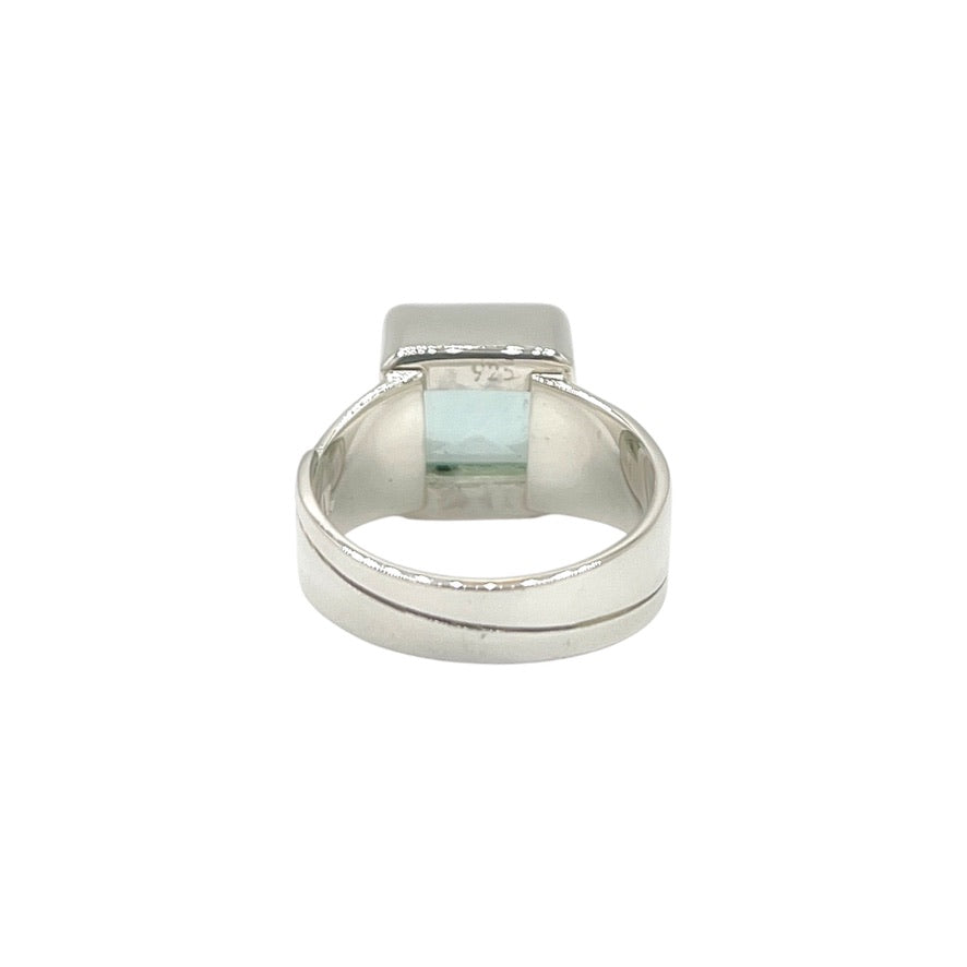Sea Blue Volcanic Glass Square Ring – 925 Sterling Silver – Adjustable - 1 x 1 cm
