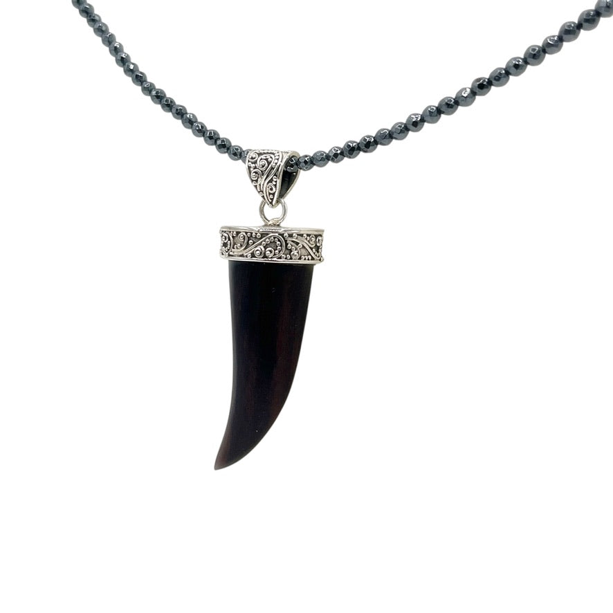 Black natural wood horn pendant with ornate 925 sterling silver cap and bail
