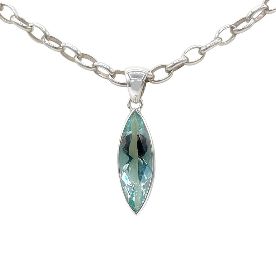 Sea blue hand-cut volcanic glass navette pendant in 925 sterling silver