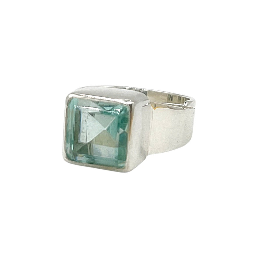Sea Blue Volcanic Glass Square Ring – 925 Sterling Silver – Adjustable - 1 x 1 cm