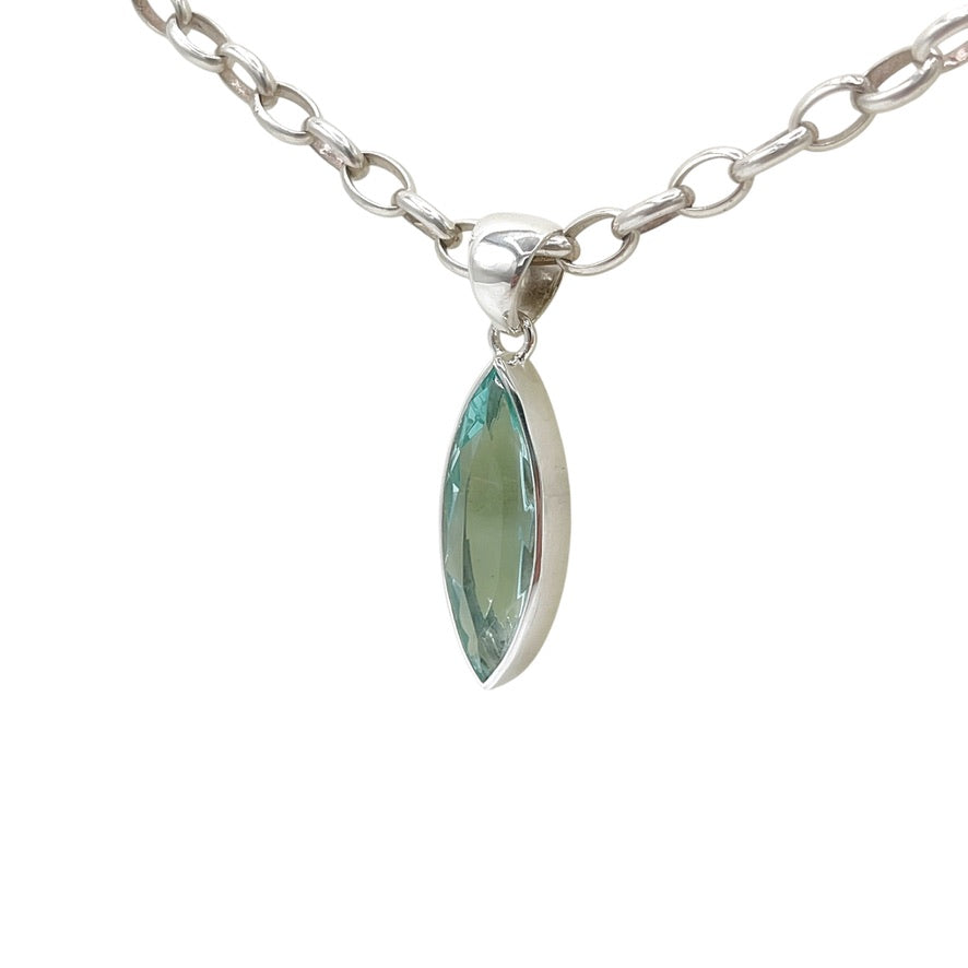 Sea Blue Volcanic Glass Navette Pendant – 925 Sterling Silver – 1 × 3 cm