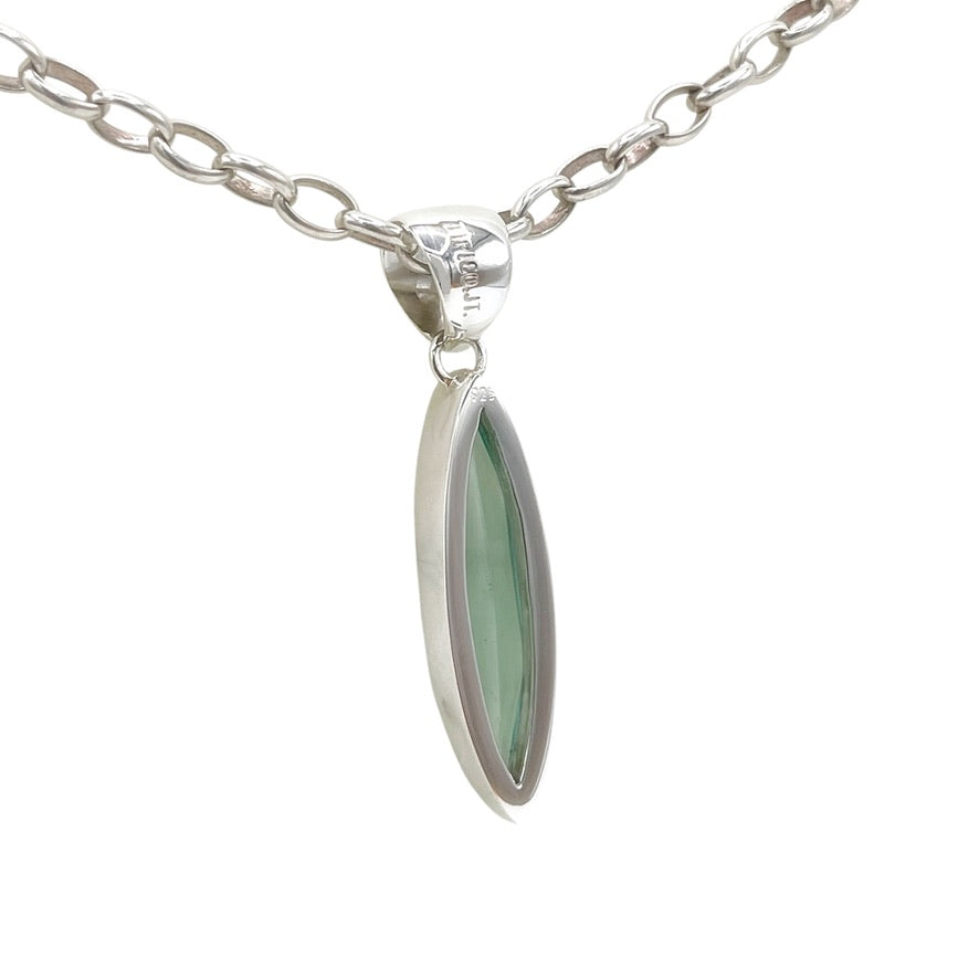 Sea Blue Volcanic Glass Navette Pendant – 925 Sterling Silver – 1 × 4 cm