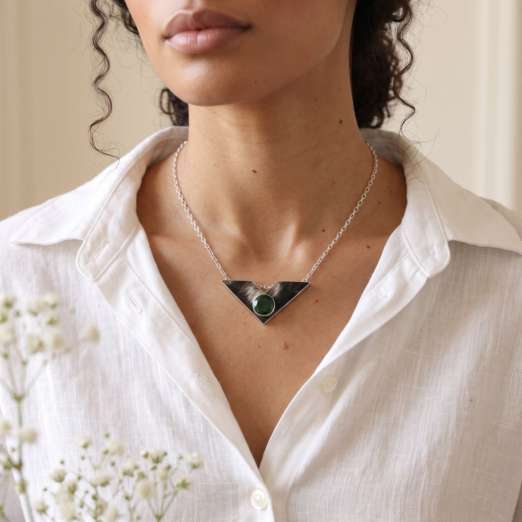 Buffalo Horn & Emerald Green Volcanic Glass Pendant in 925 Sterling Silver