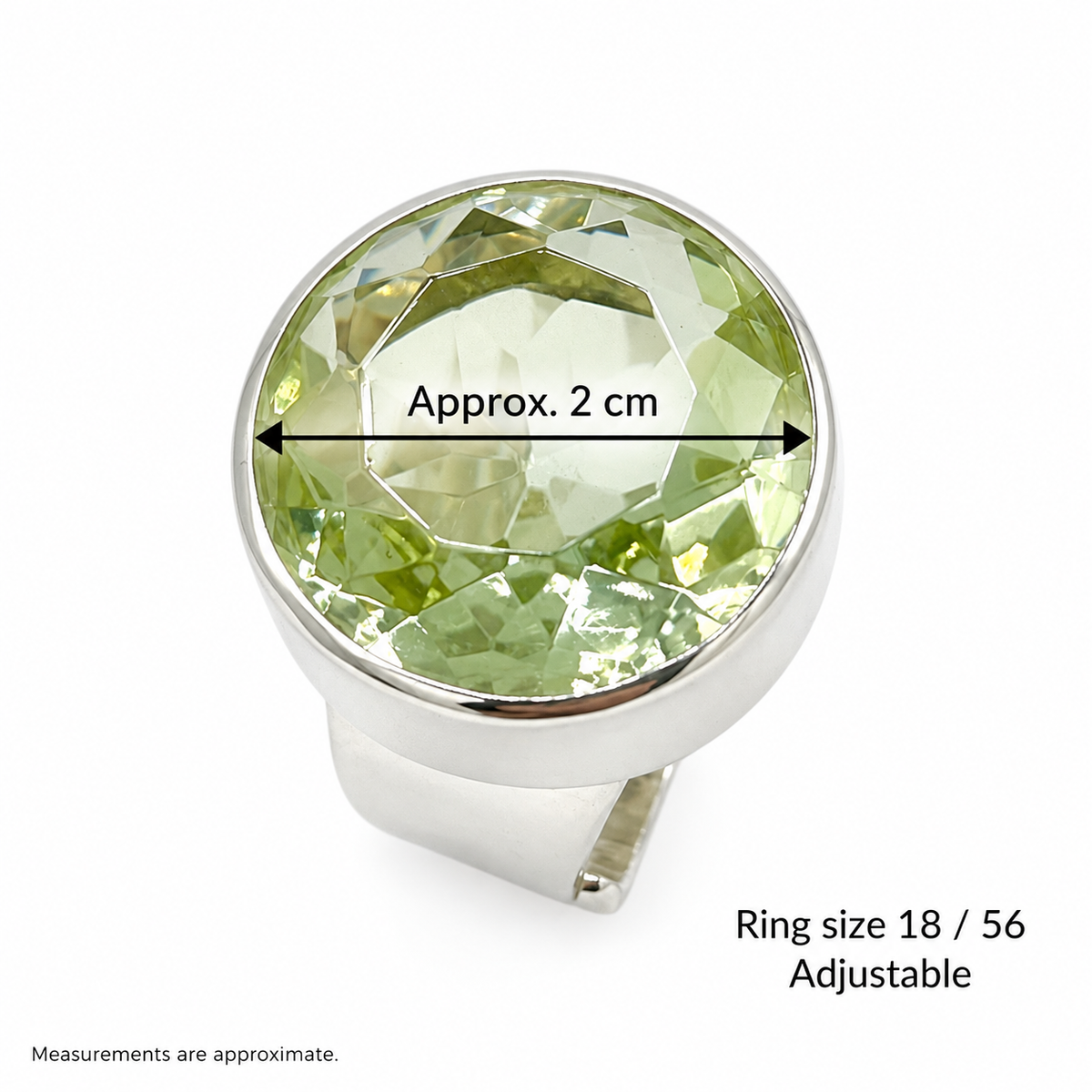 Light Green Volcanic Glass Statement Ring – 925 Sterling Silver – Adjustable – Approx. 2 cm