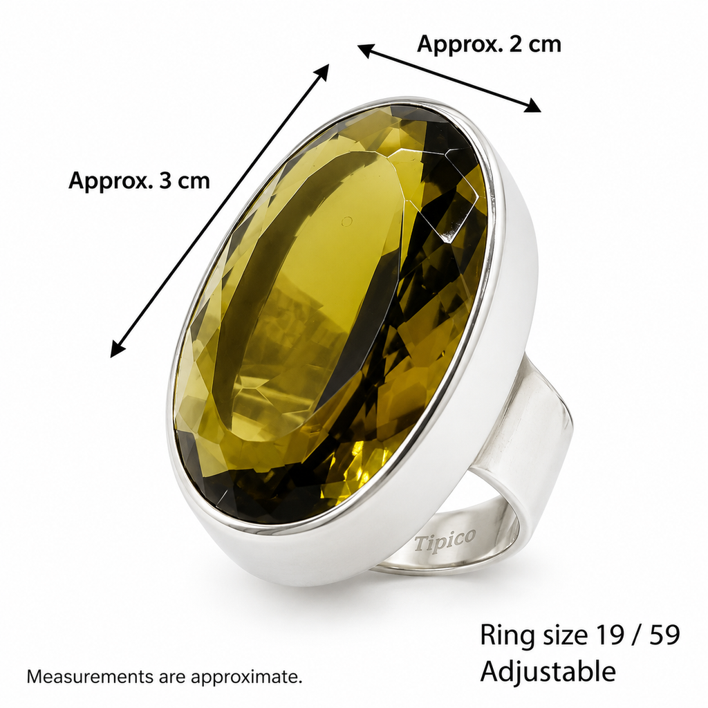 Statement-Ring aus goldbraunem Vulkanglas – 925er Sterlingsilber – verstellbar – ca. 2 × 3 cm