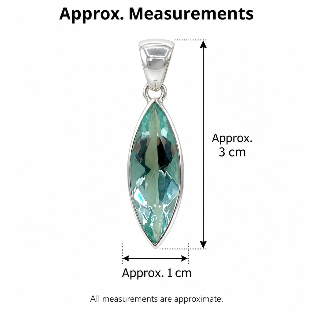 Sea Blue Volcanic Glass Navette Pendant – 925 Sterling Silver – 1 × 3 cm