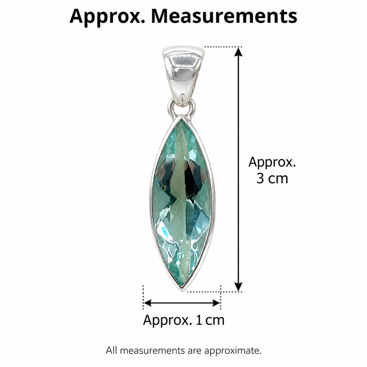 Sea Blue Volcanic Glass Navette Pendant – 925 Sterling Silver – 1 × 3 cm