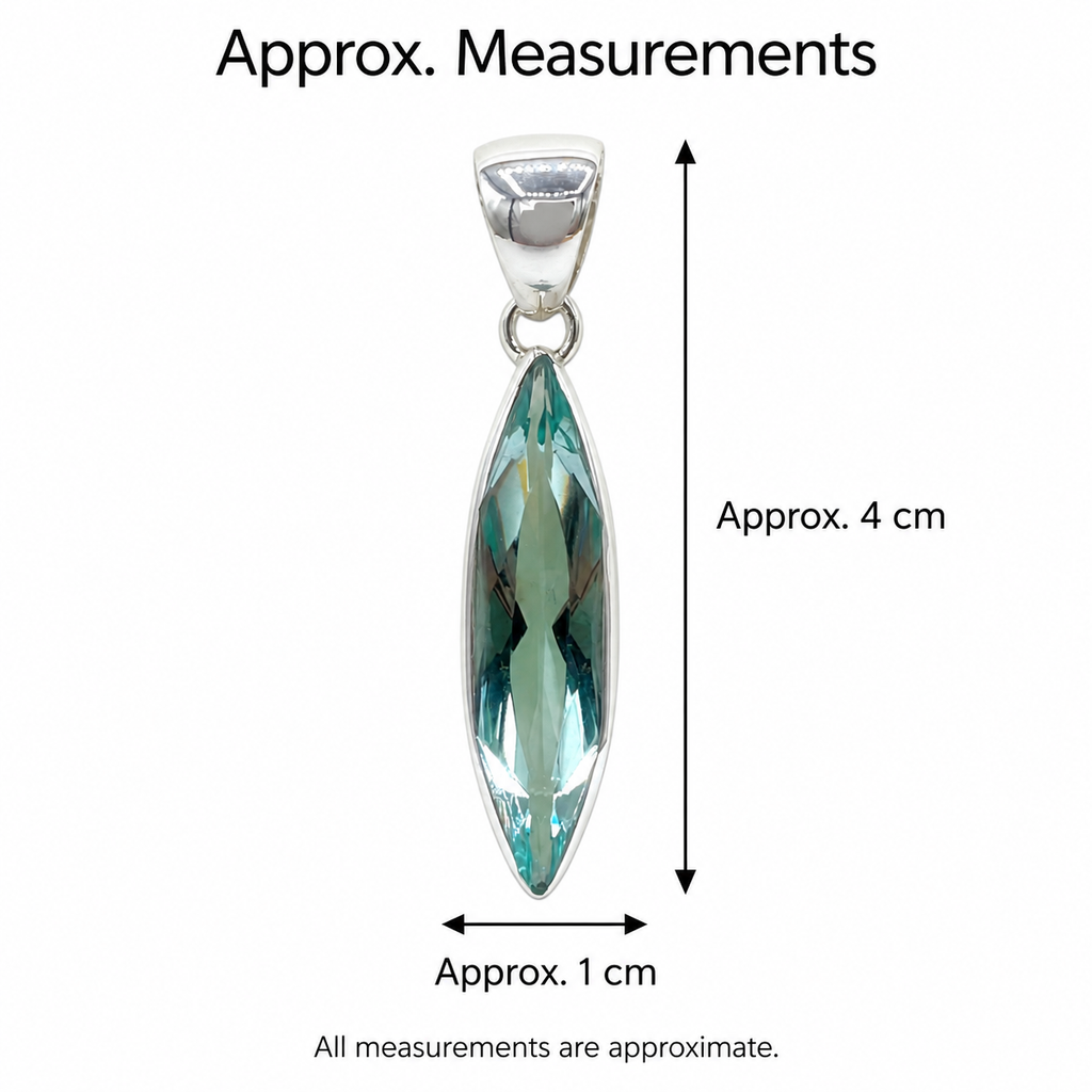 Sea Blue Volcanic Glass Navette Pendant – 925 Sterling Silver – 1 × 4 cm