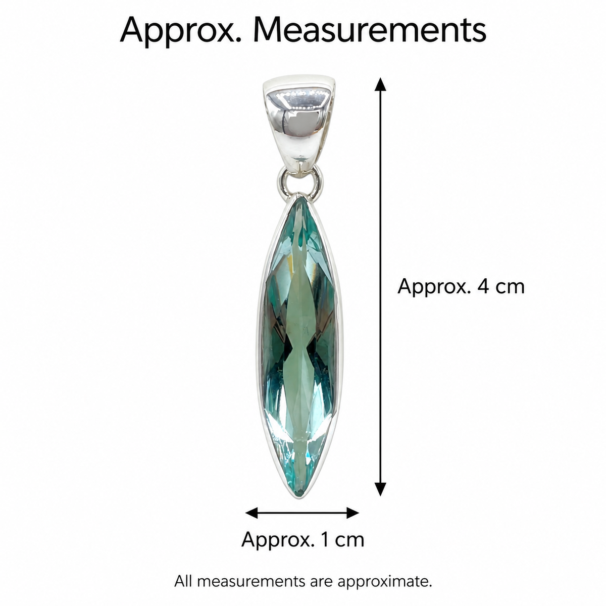 Sea Blue Volcanic Glass Navette Pendant – 925 Sterling Silver – 1 × 4 cm