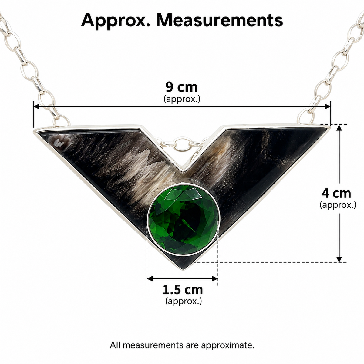 Buffalo Horn & Emerald Green Volcanic Glass Pendant in 925 Sterling Silver