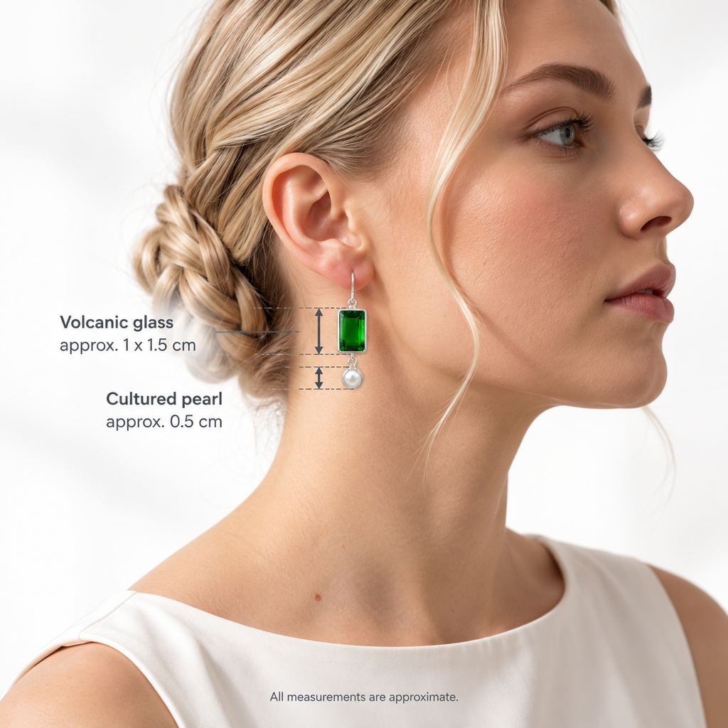 Emerald Green Volcanic Glass & Cultured Pearl Drop Earrings – 925 Sterling Silver