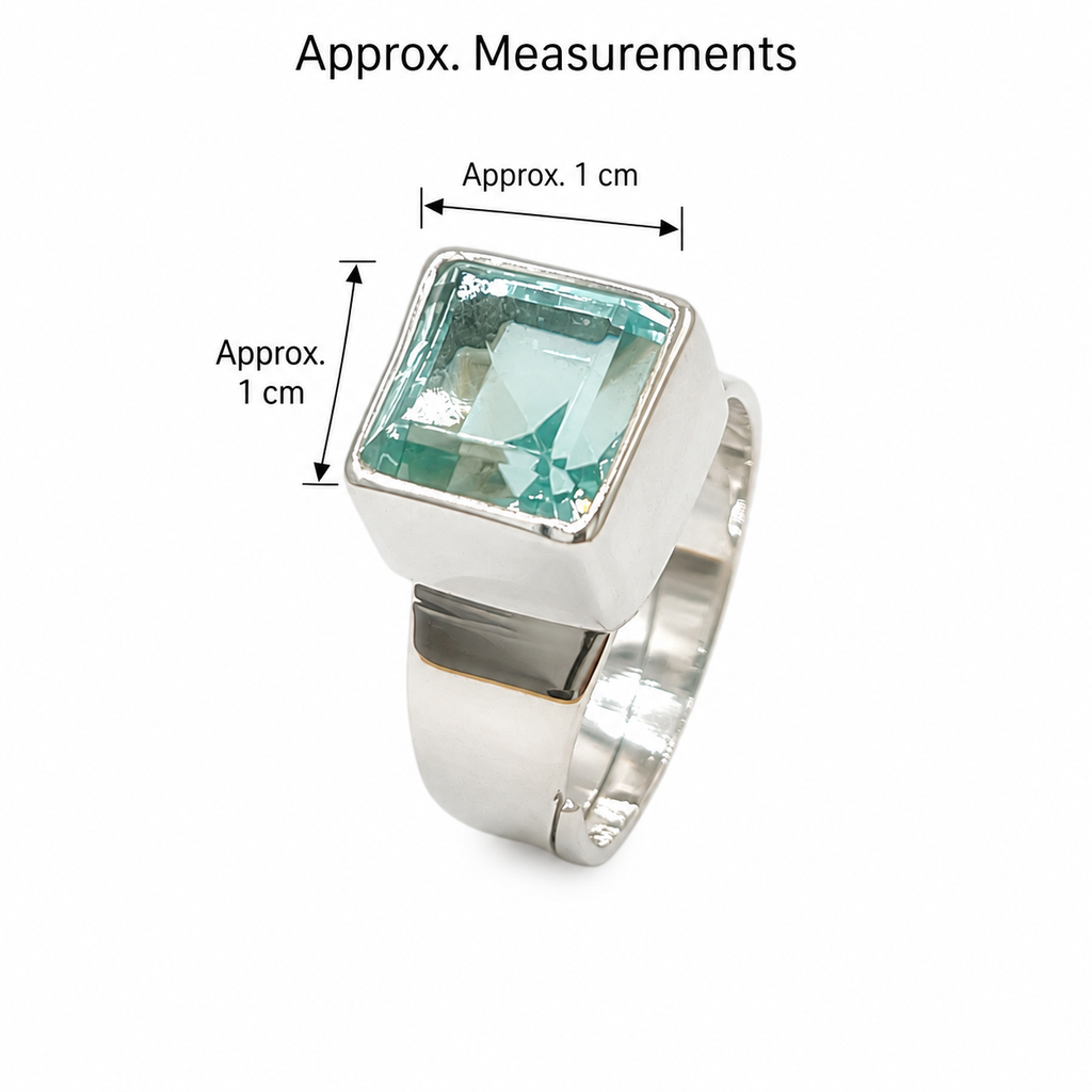 Sea Blue Volcanic Glass Square Ring – 925 Sterling Silver – Adjustable - 1 x 1 cm