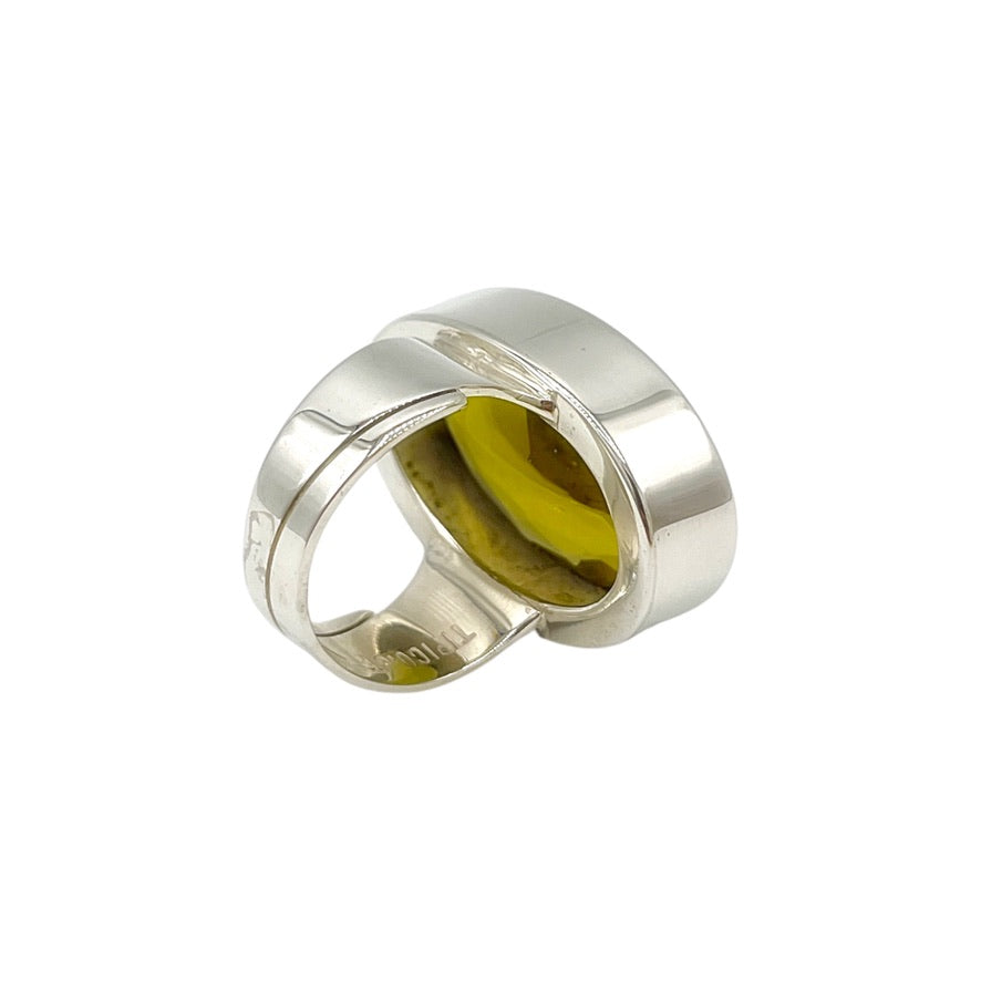 Statement-Ring aus goldbraunem Vulkanglas – 925er Sterlingsilber – verstellbar – ca. 2 × 3 cm