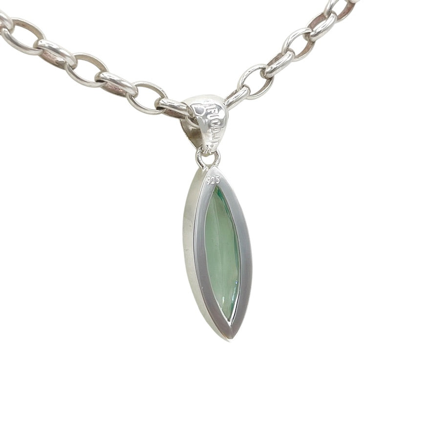 Sea Blue Volcanic Glass Navette Pendant – 925 Sterling Silver – 1 × 3 cm