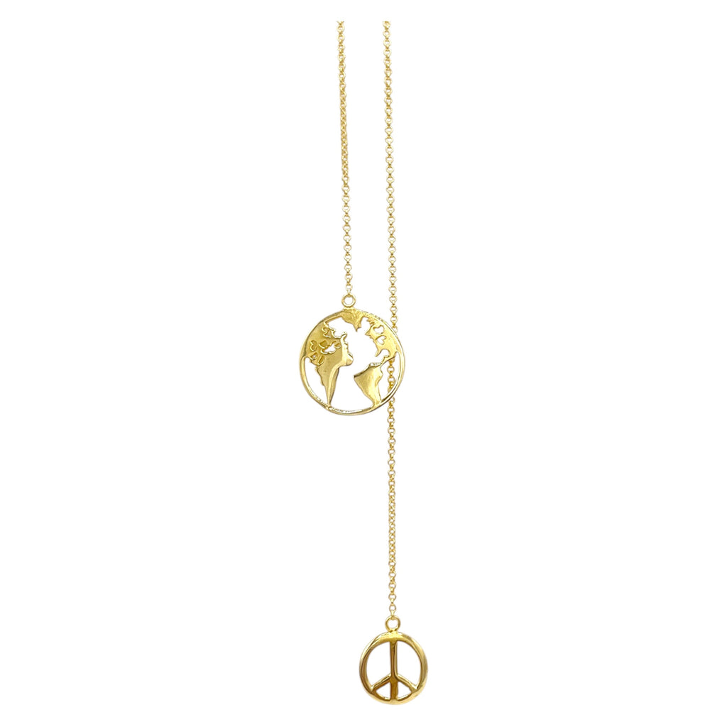 Give Peace a Chance gold statement necklace with world pendant and peace charm