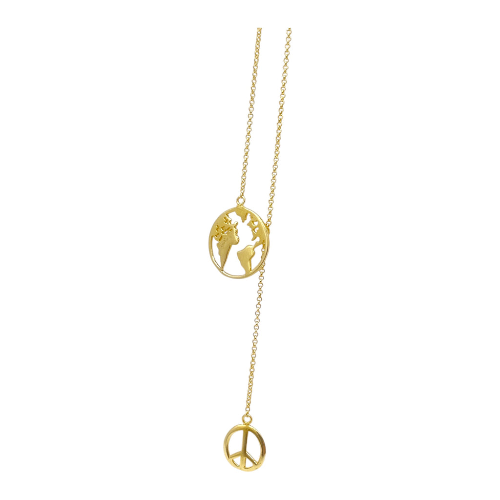 Gold lariat necklace with world map pendant