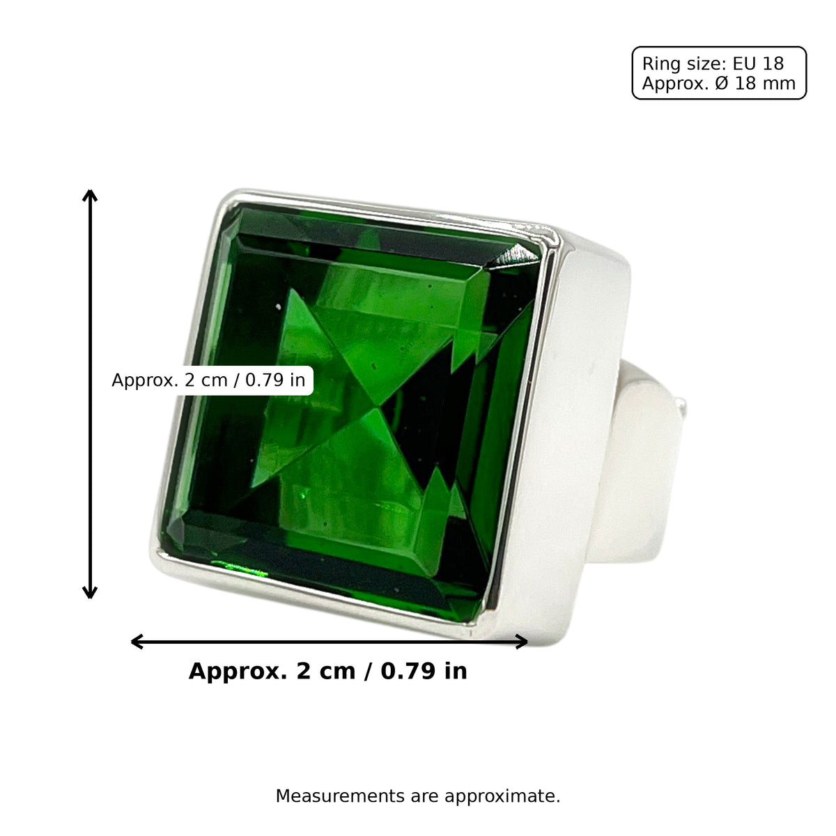 Emerald Green Volcanic Glass Statement Ring – 925 Sterling Silver – Square 2 × 2 cm