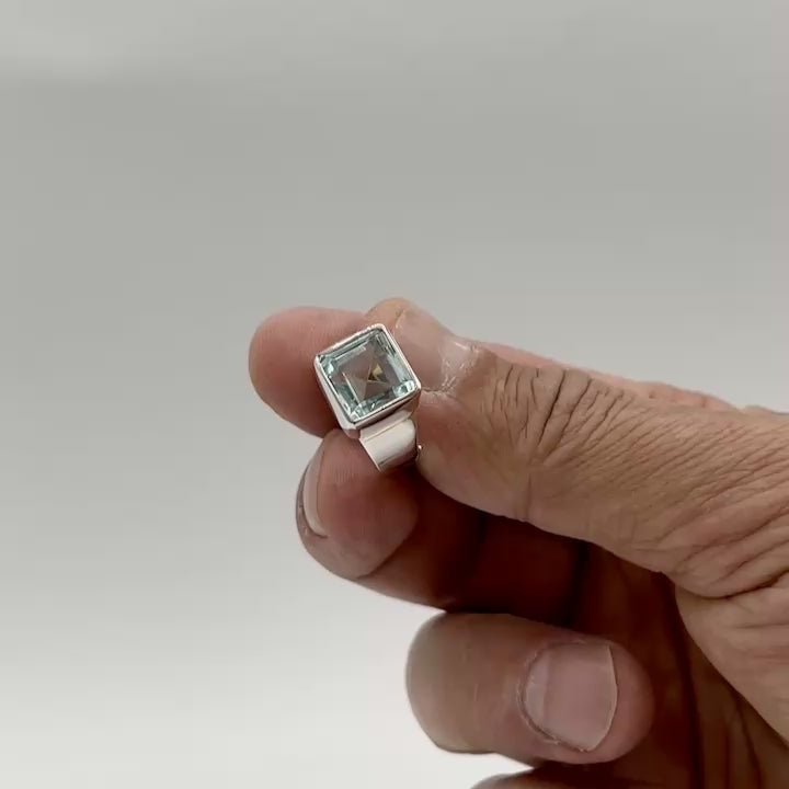 Sea Blue Volcanic Glass Square Ring – 925 Sterling Silver – Adjustable - 1 x 1 cm