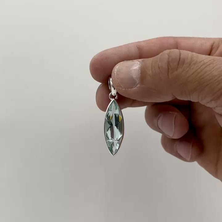 Sea Blue Volcanic Glass Navette Pendant – 925 Sterling Silver – 1 × 3 cm