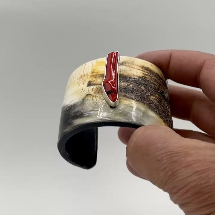 Buffalo Horn Cuff Bracelet with Branch Coral & Sterling Silver