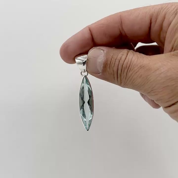 Sea Blue Volcanic Glass Navette Pendant – 925 Sterling Silver – 1 × 4 cm